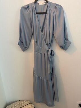 Mustard Seed Dusty Blue Wrap Midi Dress with Tie Waist